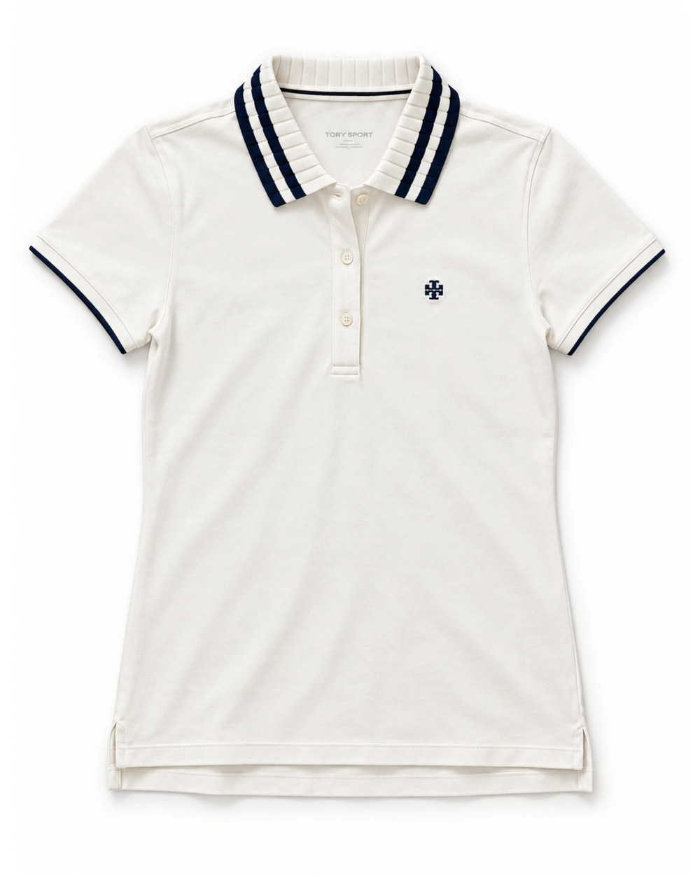NWT Tory Sport Pleated-Collar Performance Polo in White/Navy